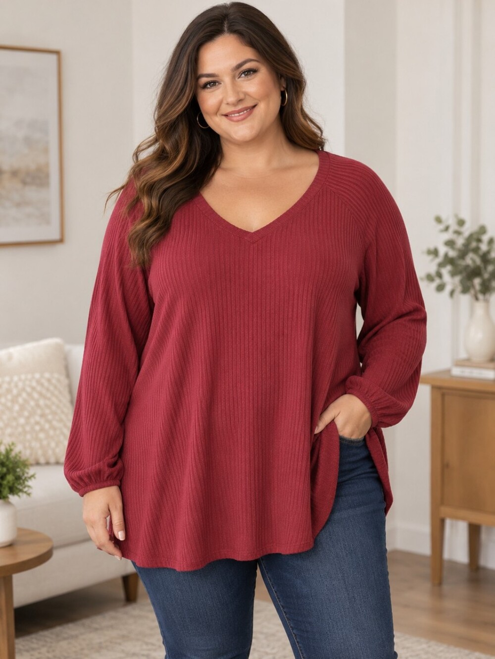 NEW LANE BRYANT Red Ribbed Knit V-neck Sweater Top Sz 26/28 LS Capsule Wardrobe
